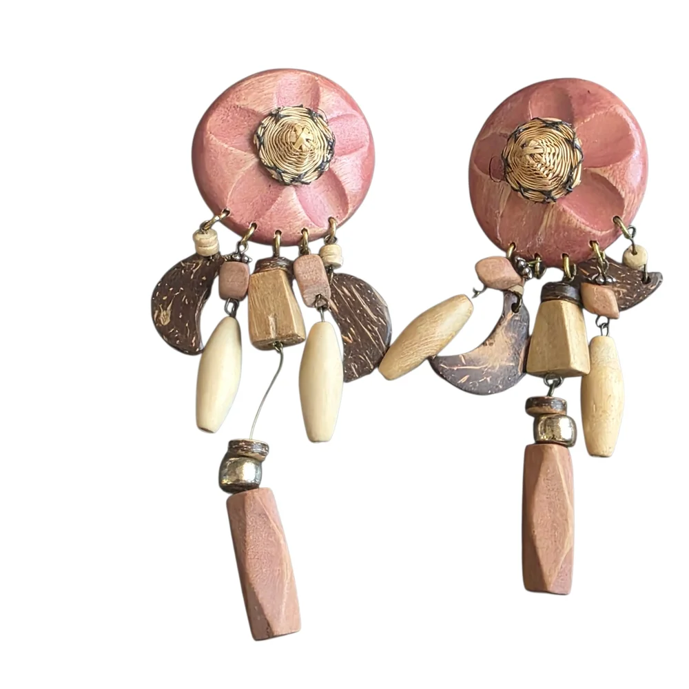 Vintage Pink & Wood Bead Dangle Earrings
